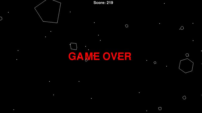 Red game over text in center with vector drawn asteroids in background.