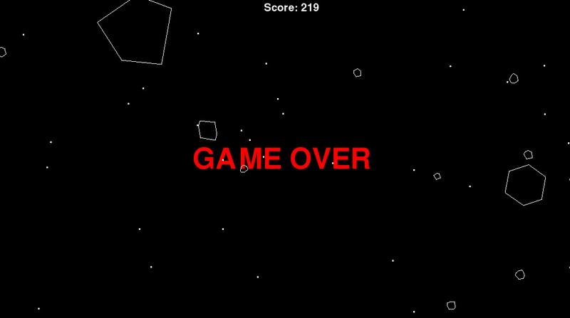 Red game over text in center with vector drawn asteroids in background.